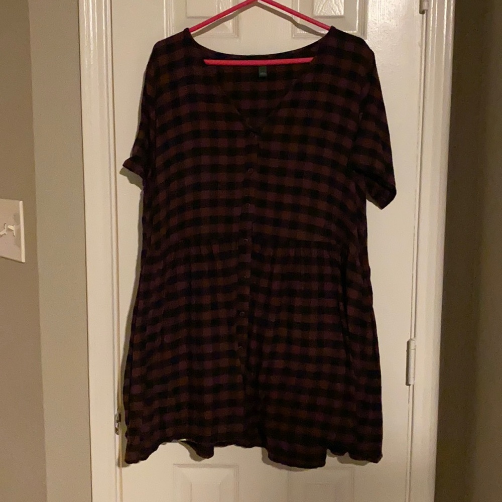 Maroon and Black Flannel Button Down Babydoll Dress